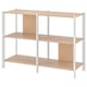 Jätesta light wood & white shelf. Three open shelves, light wood tops, white metal legs angled 45 degrees.