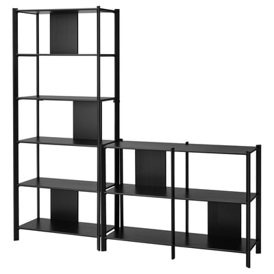 JÄTTESTA: modern black bookcase with metal frames, adjustable shelves.