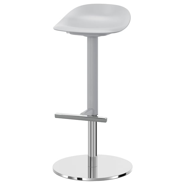 Grey modern adjustable bar stool with chrome base and curved seat.