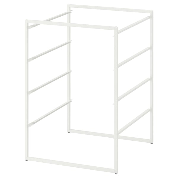 A white JONAXEL steel storage rack with a minimalist design, ideal for organising items in various spaces including bathrooms.
