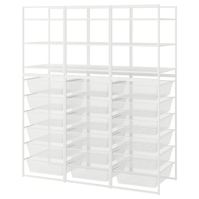 White JONAXEL metal shelving unit with mesh baskets for organised storage.