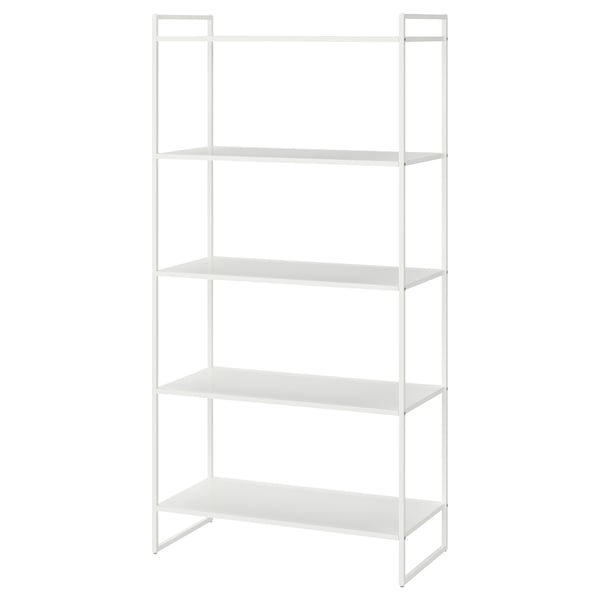 White JONAXEL 4-tier metal shelving unit for storage.