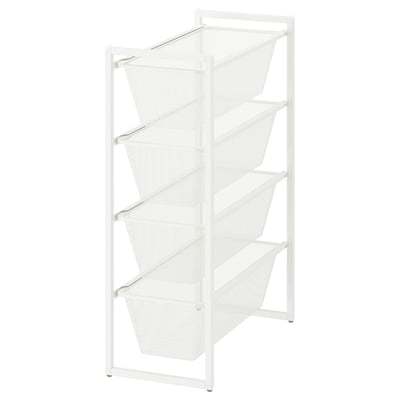 A white JONAXEL storage rack with five mesh baskets, ideal for organising items in bathrooms or laundry rooms.