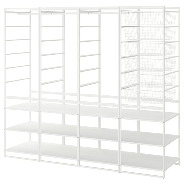 A white JONAXEL storage system, featuring shelves, and wire baskets for versatile organisation in various spaces.