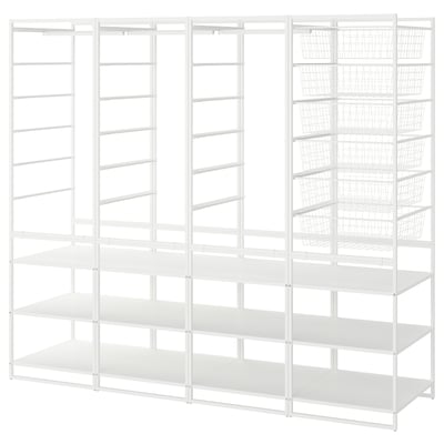 A white JONAXEL storage system, featuring shelves, and wire baskets for versatile organisation in various spaces.