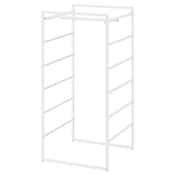 A white JONAXEL storage unit. It a metal frame with multiple horizontal bars for hanging clothes.