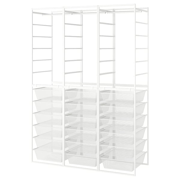A white JONAXEL storage system with multiple shelves and mesh baskets for organizing items.