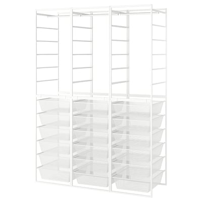A white JONAXEL storage system with multiple shelves and mesh baskets for organizing items.