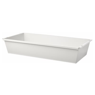A rectangular white JOSTEIN storage container, made of powder-coated galvanised steel, designed for indoor/outdoor use in humid areas.