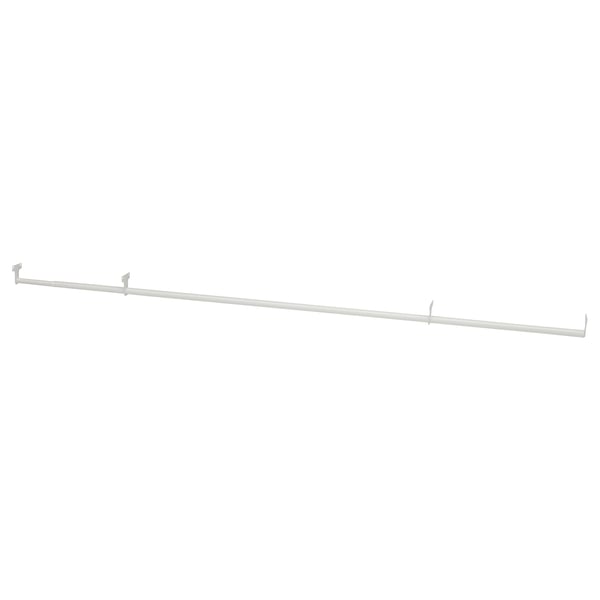 A silver JOSTEIN clothing rod made of steel, designed to be mounted between two shelving units.