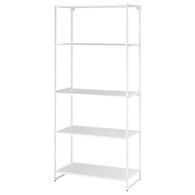 A white JOSTEIN metal shelving unit with four empty shelves, suitable for both indoor and outdoor use.