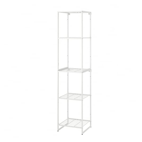 A white JOSTEIN storage shelf, made of steel, with three open shelves. Its designed for indoor and outdoor use.
