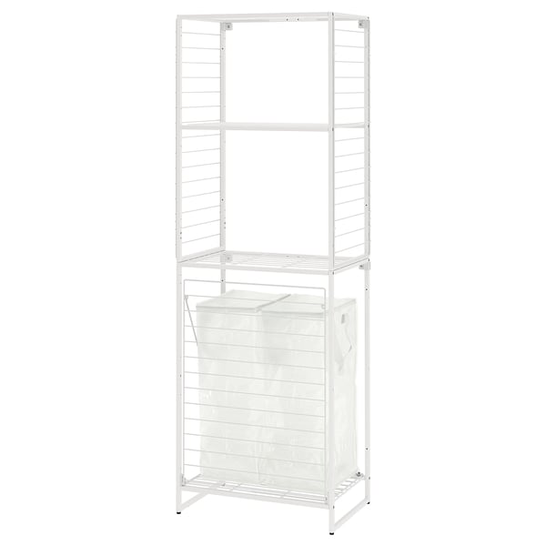 A white JOSTEIN storage unit with shelves and a bag, ideal for organizing small spaces, both indoors and outdoors.