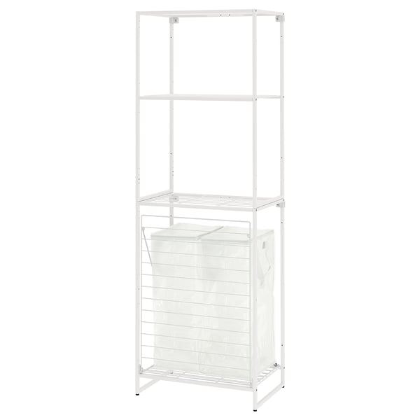 White JOSTEIN storage shelf with 3 shelves and laundry bag, ideal for bathrooms or outdoors, modern and functional.