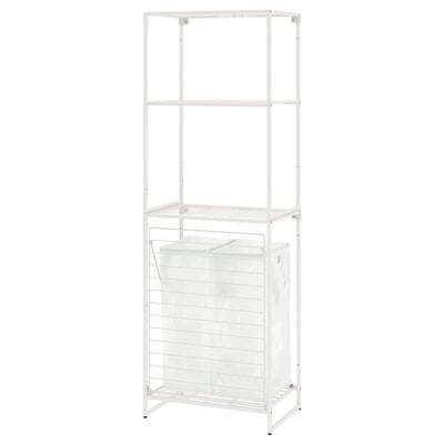 White JOSTEIN storage shelf with 3 shelves and laundry bag, ideal for bathrooms or outdoors, modern and functional.