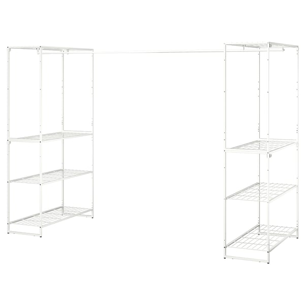 Two white metal JOSTEIN shelving units with wire shelves and adjustable rods, ideal for organising small spaces.