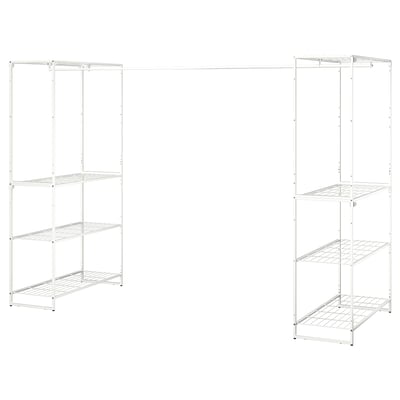Two white metal JOSTEIN shelving units with wire shelves and adjustable rods, ideal for organising small spaces.