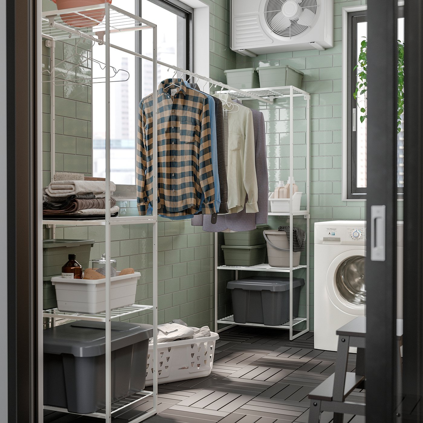 Modern laundry setup featuring JOSTEIN white steel shelves, durable & moisture-resistant. Includes clothing rod, storage baskets, and washing machine.