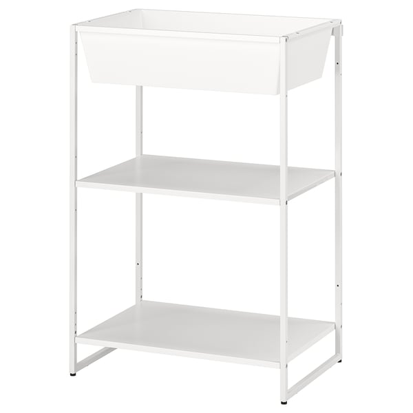 White JOSTEIN 3-tier metal storage shelf for indoor/outdoor use.