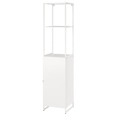 A white JOSTEIN steel storage unit, tall and rectangular with open and closed shelf options, suitable for indoor and outdoor use.