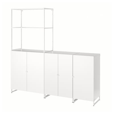 White JOSTEIN storage system, modern design, steel frames, powder-coated, versatile indoor/outdoor use.
