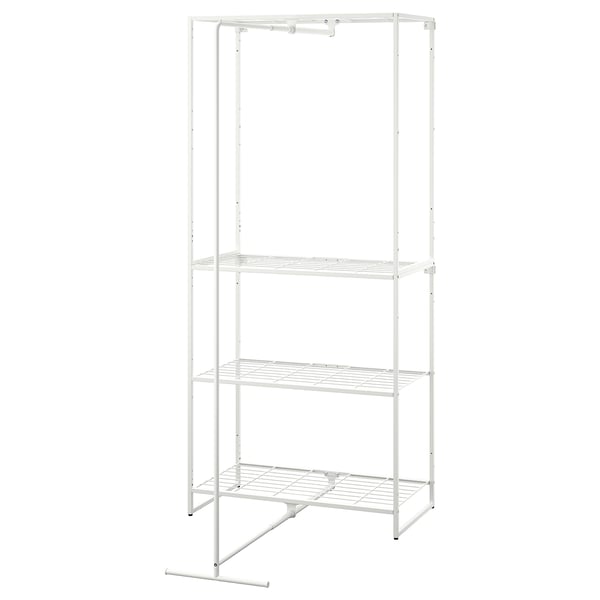 A white, metal JOSTEIN shelving unit with three wire shelves and a hanging rod, ideal for small spaces and humid areas.