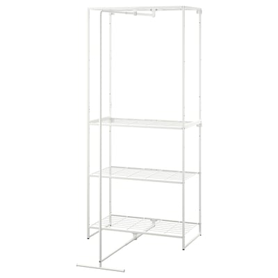 A white, metal JOSTEIN shelving unit with three wire shelves and a hanging rod, ideal for small spaces and humid areas.