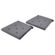 Two grey rectangular cushions with tufted design, side ties, for chair comfort.
