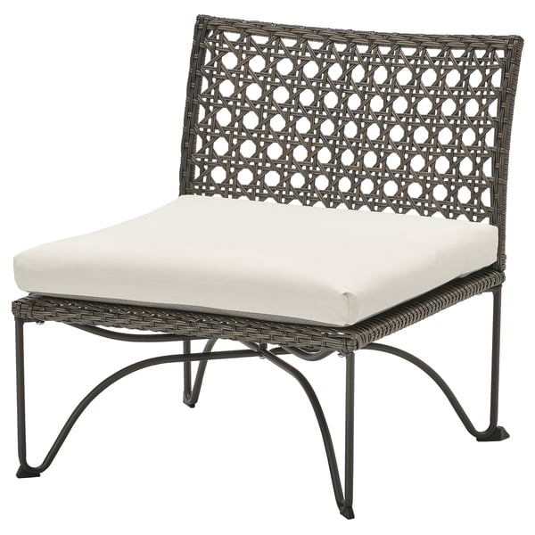 JUTHOLMEN outdoor chair, dark gray wicker, white cushion, steel frame.