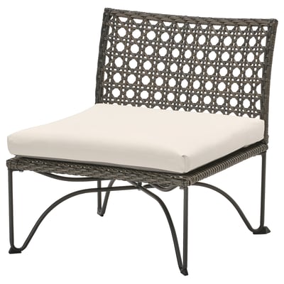 Modern outdoor chair named JUTHOLMEN, featuring beige cushion, black wicker, sleek metal frame, comfortable seat, and intricate lattice back.