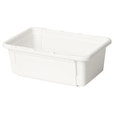 A white KACKLA storage box, rectangular and made of polypropylene plastic, designed to extend for versatile storage solutions.