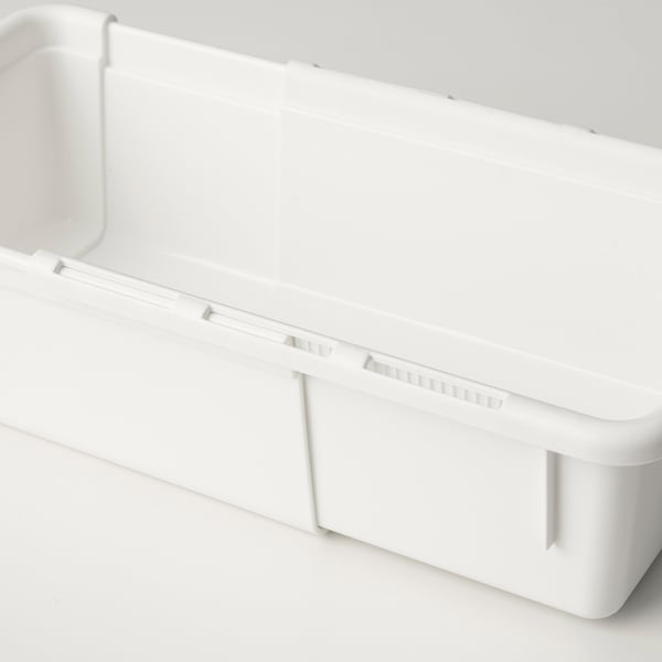 A white, extendable plastic storage box shown against a plain background, highlighting its clean, minimalist design and sturdy construction.