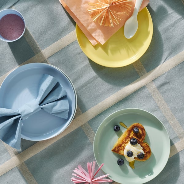 KALAS toddler plates & bowls: yellow, blue, green. Stackable & colourful pp plastic