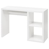 A white KALLAX desk, minimalist, rectangular, with open storage compartments.