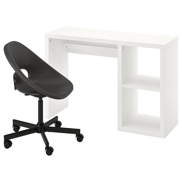 A KALLAX desk in white and a black swivel chair. The desk is minimalist with open shelves. The chair has a black seat and base with wheels.