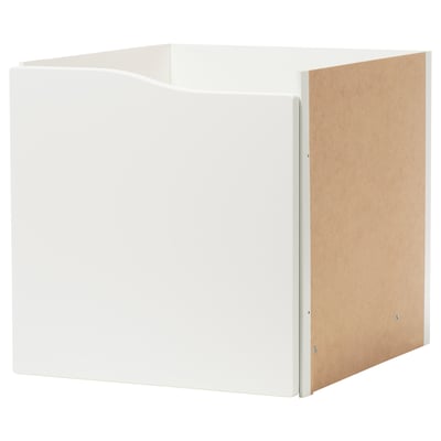 A KALLAX storage cube in white with a wooden back. Its a square, flat-pack design with a door for storage.