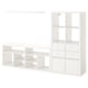 Modern white KALLAX shelving setup with wall unit, tv bench, and storage inserts.