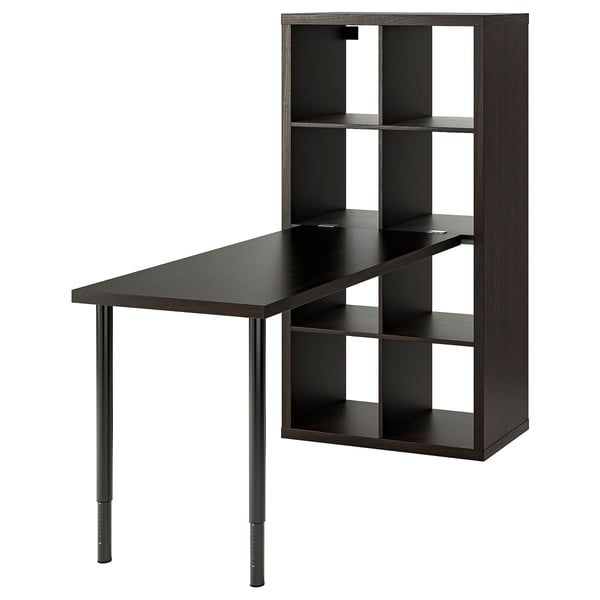 A KALLAX desk, black, with a triangular top and cubic shelving. It combines storage and workspace efficiently.
