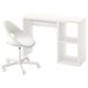 A white KALLAX desk and chair set. The desk has an open design with storage spaces. The chair is swivel with a white seat and base.
