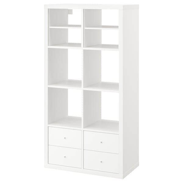 A white KALLAX bookshelf with open shelves and four drawers, designed for storage and organisation.