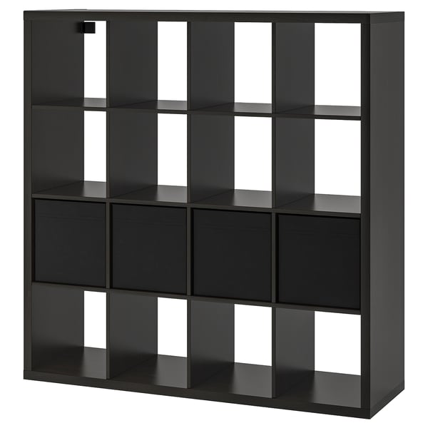 Black KALLAX shelving unit, modular cube storage, modern and minimalist design, made from recycled materials.