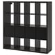 Black KALLAX shelving unit, modular cube storage, modern and minimalist design, made from recycled materials.