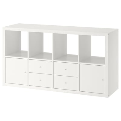 A white KALLAX storage unit with shelves and drawers. Its ideal for organizing spaces, featuring a modular design.