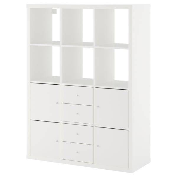White KALLAX storage unit, modular shelves and drawers.