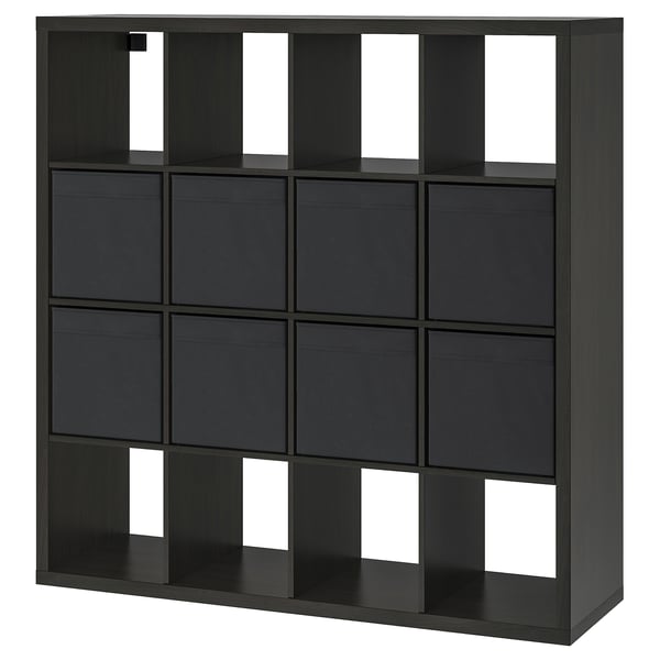 Black KALLAX unit: 3x3 grid with mix of open and drawer storage, modern design.