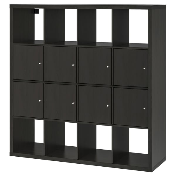 A black ikea KALLAX shelving unit with a mix of open and closed storage compartments. It a rectangular shape and modern design.