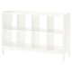 A white KALLAX shelving unit with multiple open cubes, supported by an underframe for an airy look, ideal for storage and display.