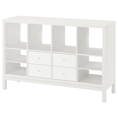 White KALLAX shelving unit with drawers and shelves. Modern, modular, clean design, great for storage.