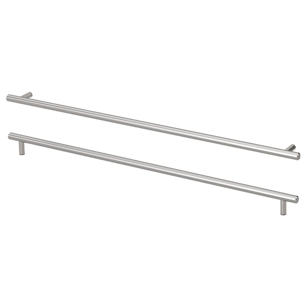 Two long, sleek stainless steel handles, neatly arranged on a white background, showcasing modern kitchen hardware design.