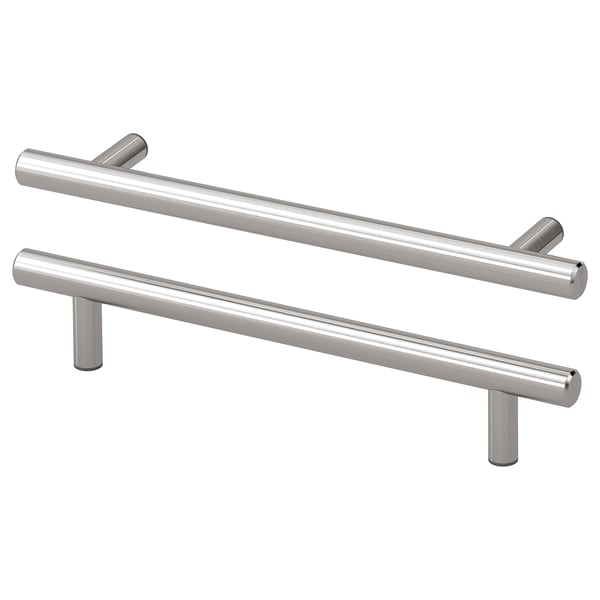 Two sleek, stainless-steel KALLRÖR handles, featuring polished, rounded bars and minimalist design, ideal for modern kitchen cabinets.